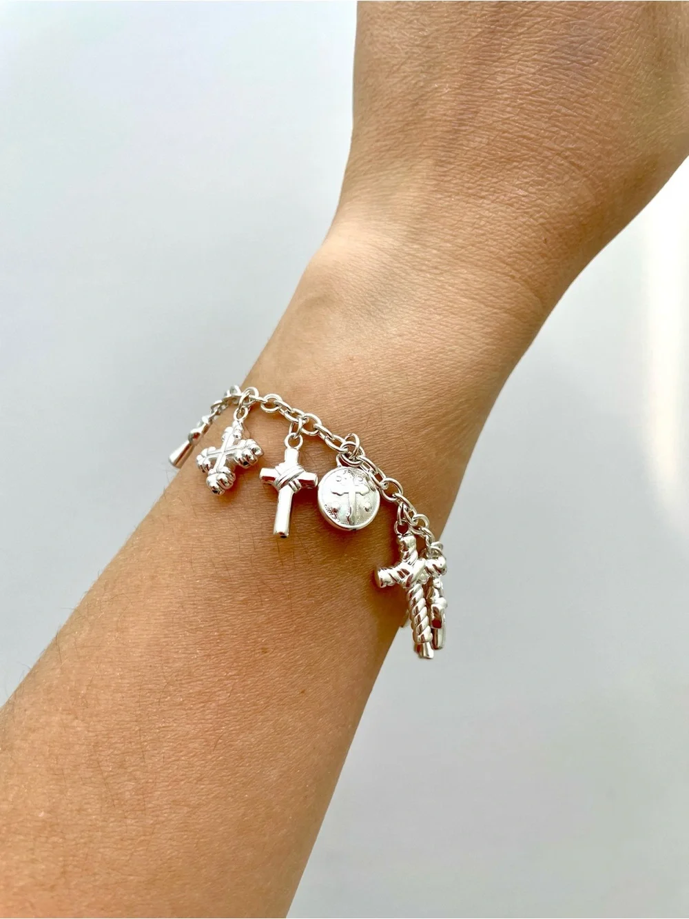 VTG Jacmel Mauritius Sterling Silver Christian Cross Charm Bracelet 925 6.5” GCM